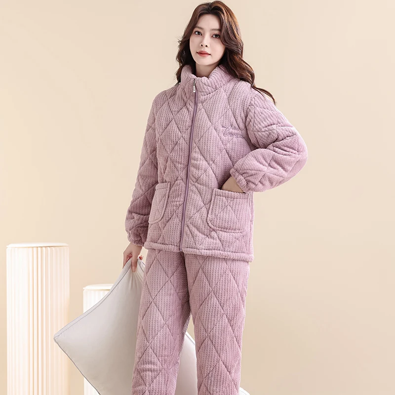 Female Winter Warm Pajama Set Sweet Lovely Three-layer Thick Coral Fleece Sleepwear With Zipper Home Wear Clothes Suit for Women