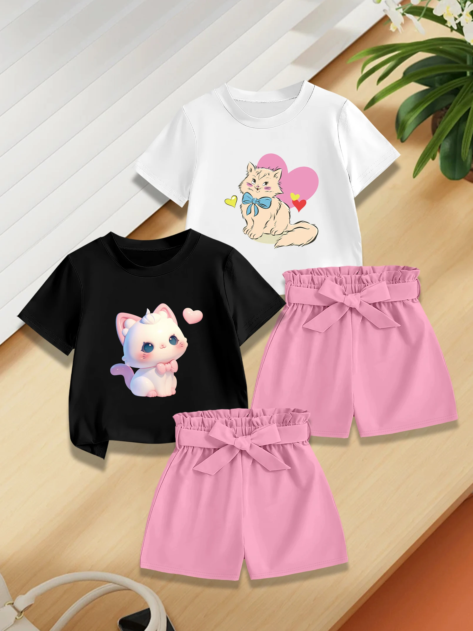 

Комплект из 4 предметов: милый наряд для девочек с принтом мультяшного котенка, короткий рукав + тканые шорты с бантом, летний вариант.