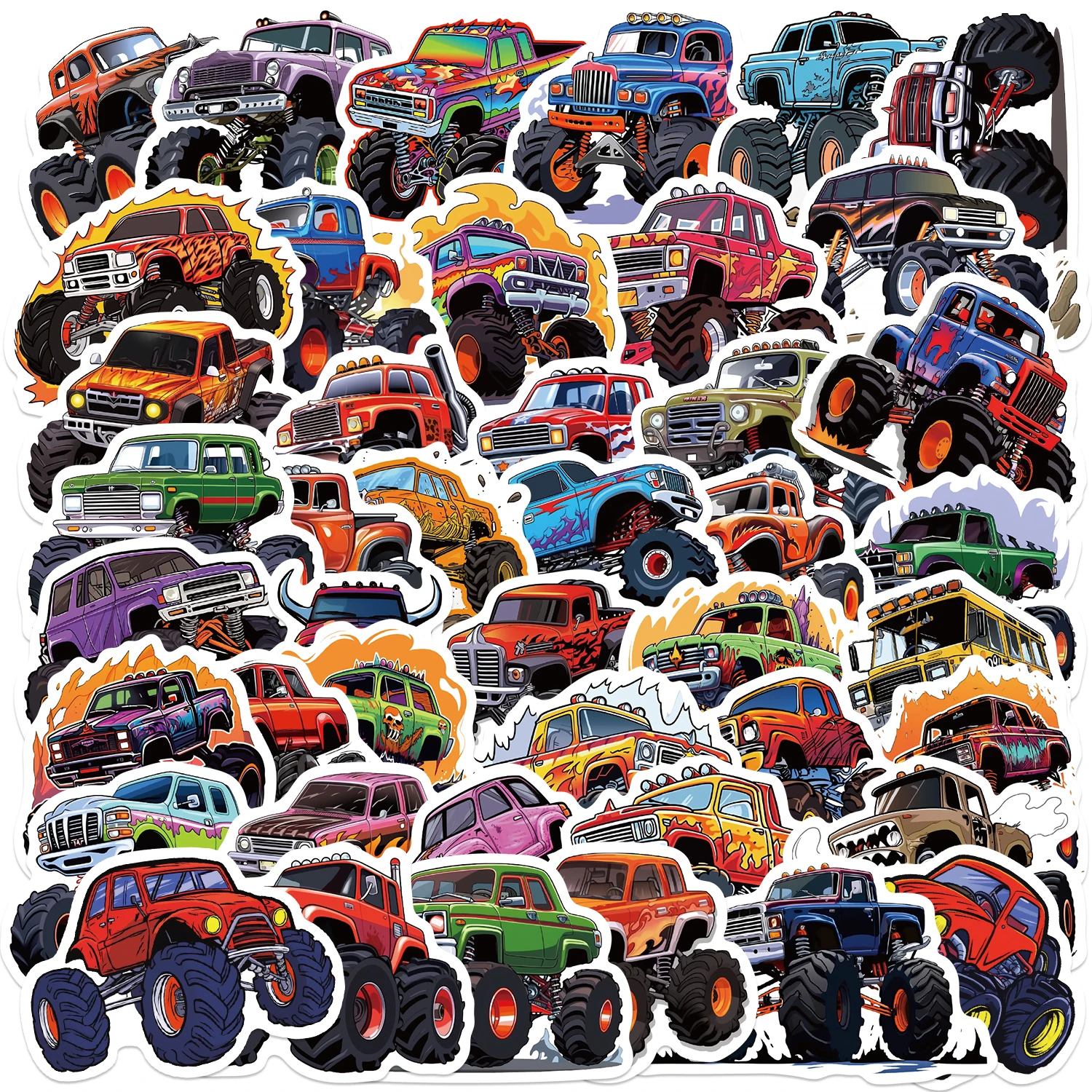 50pcs Cartoon Monster Truck Stickers Cute Vinyl Decals For Luggage Laptop Water Bottle Guitar Phone Waterproof Graffiti