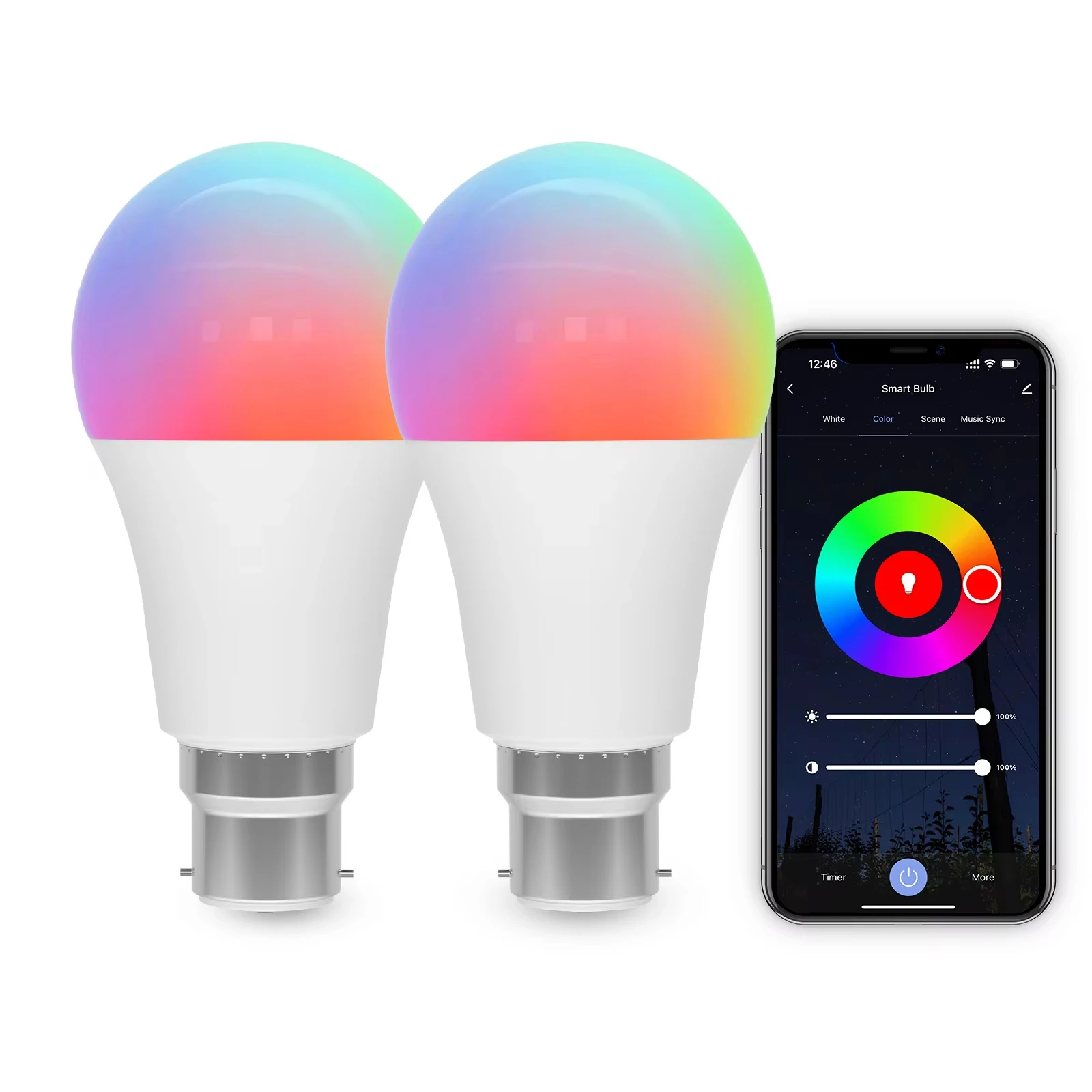 Wifi Smart Light Bulb RGBCW Dimmable 9W B22 Works With Alexa Assistant Google SmartThings Home 2700K-6500K LED Light Bulb 2PCS