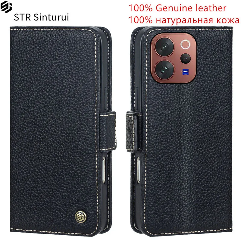 

STR 100% Genuine leather lychee grain card Slot Wallet Cover For vivo V70 Elite V60 V50 Lite 4G V50e Flip shockproof phone Case