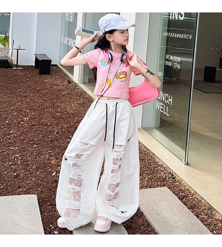 Teenager-Mädchen Mode Street-Style Y2K Kleidungsset Outfits für Mädchen Sommer T-Shirt + zerrissene Hosen Streetwear Coole Kinderkleidung Anzug – Detail 15