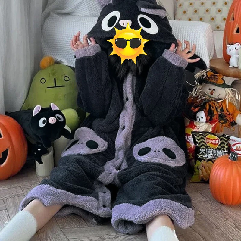 Cute Cartoon Bat Coral Fleece Pajamas Kigurumi Winter Thick Flannel Hoodedlong Robe Sleepwear Homewear Halloween Women Costumes