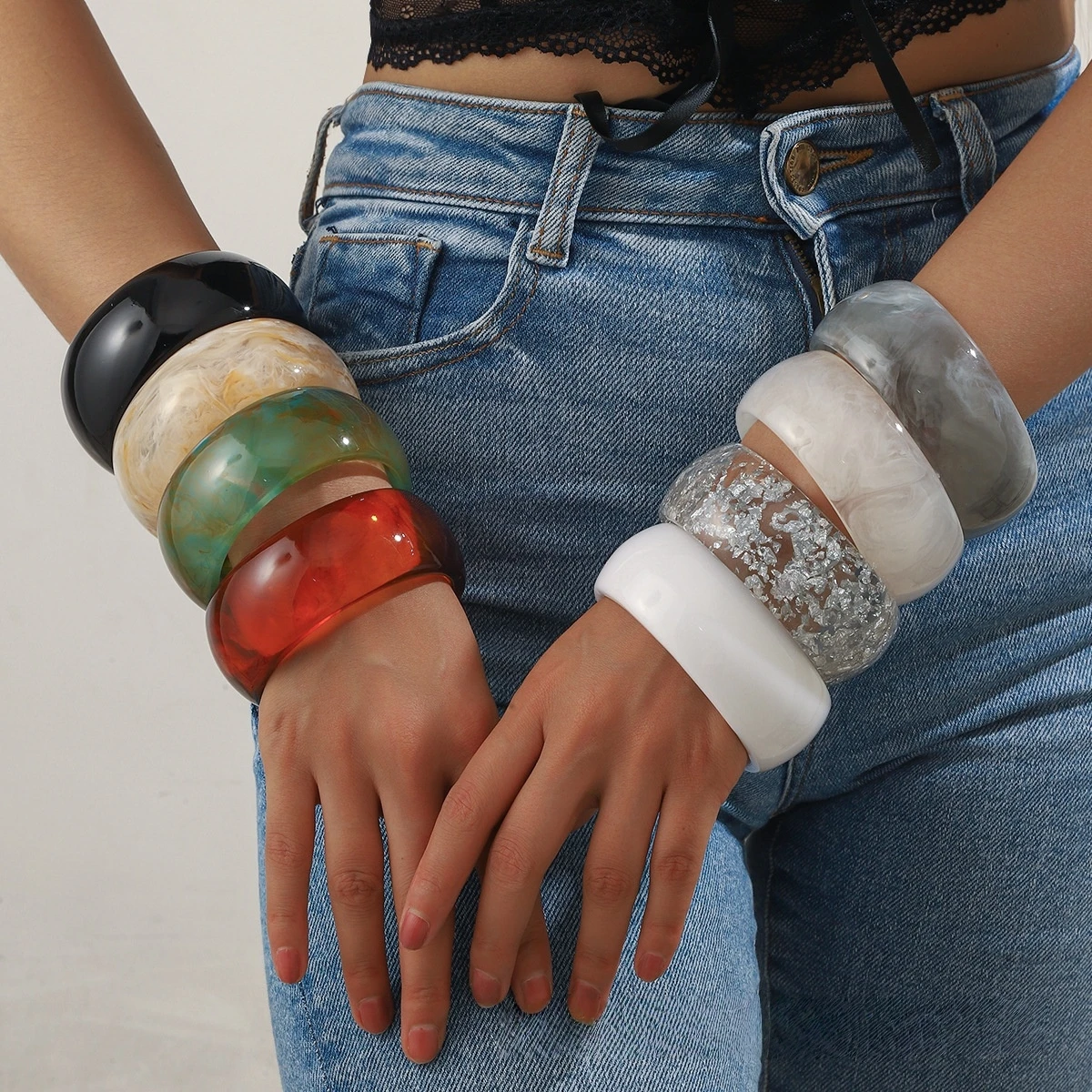 Exaggerated Big Resin Acrylic Bangles for Women on Hand Boho Colorful Chunky Round Charm Bracelets Couple Jewelry Steampunk Gift