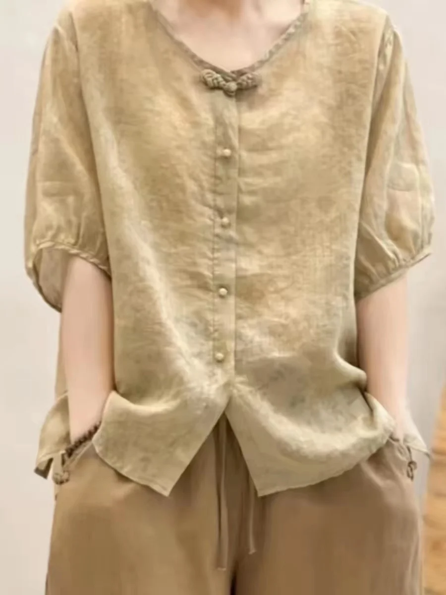 

Новый китайский Sle круглый Ne ort Sve, смесь хлопка и льна со скрытым цветочным узором, женский летний винтажный Sle irt