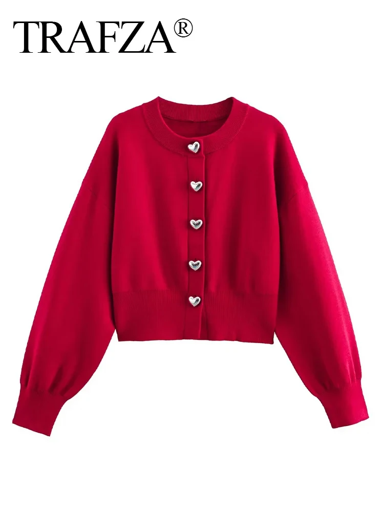 TRAFZA ฤดูใบไม้ผลิผู้หญิงสบายๆถักสีแดง O-คอรูปหัวใจปุ่มเสื้อสเวตเตอร์ถักหญิงแฟชั่นแขนยาวสีแดงเสื้อกันหนาวเสื้อ