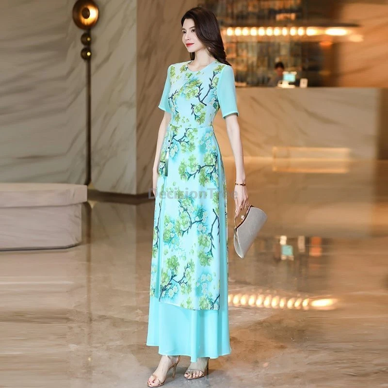 Summer New Chinese Style Printing Dress Long Chiffon Robe Half Sleeve Advanced Sense Temperament Dress Women Daily Chinese Robe