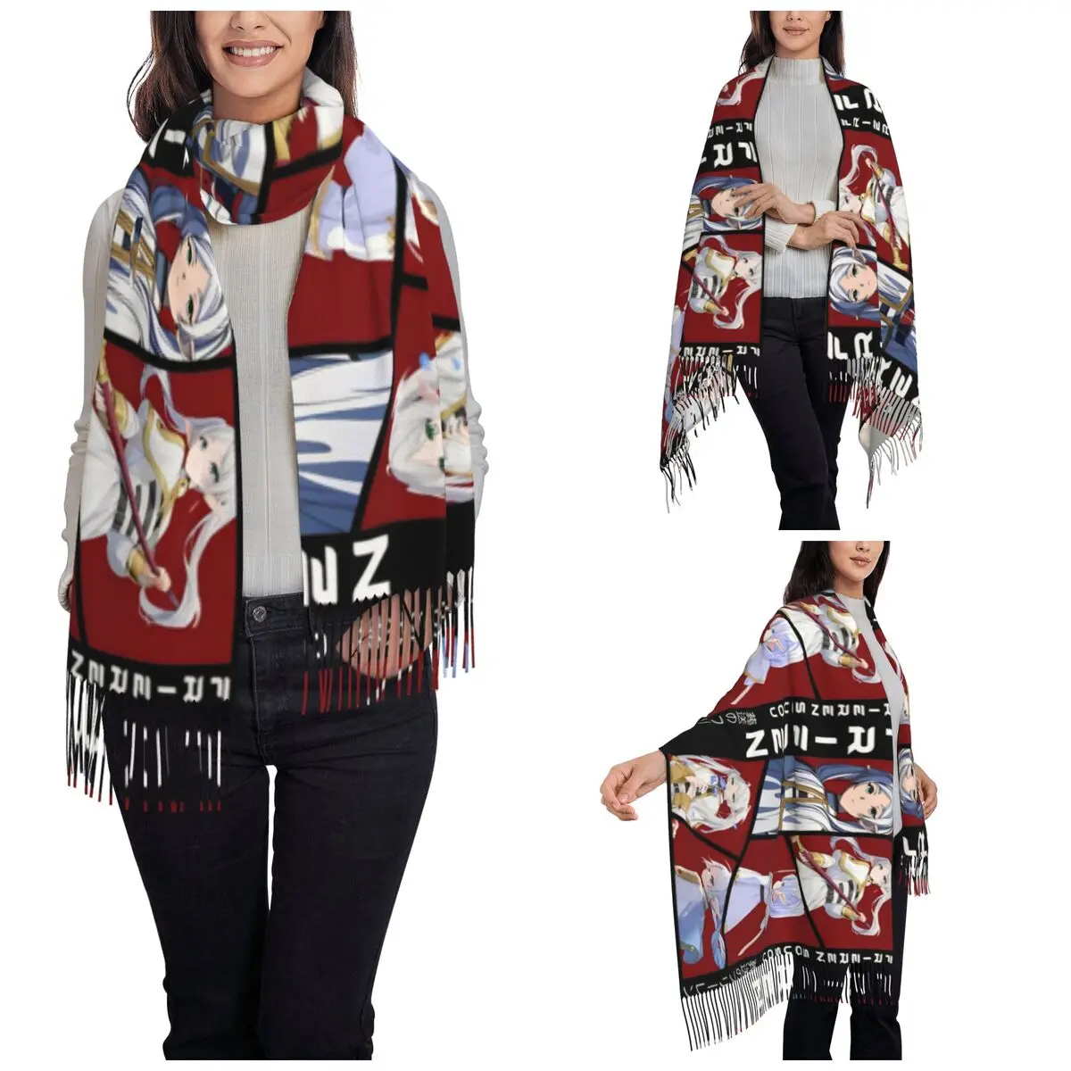 Frieren Beyond Journey's End Shawls Wraps for Womens Winter Large Soft Scarf Anime Girl Pashmina Tassel Scarves