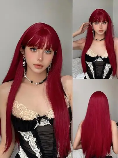 

Long Wine Red Straight Wigs for Women Synthetic Hair Wig with Bangs Daily Party Natural Cosplay Heat Resistant Wig