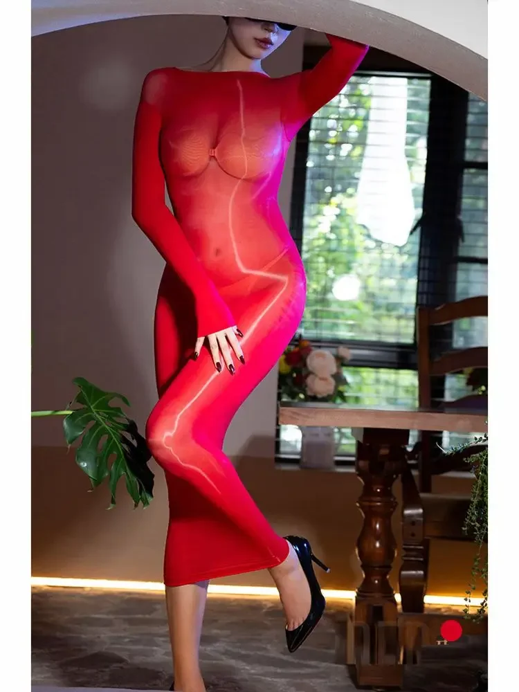 

Long Sleeve Glossy Shiny Midi Dress Tights Hot Sexy Transparent Vestido Bodystocking Package Hip Dresses Lingerie 8D Nylon Falda