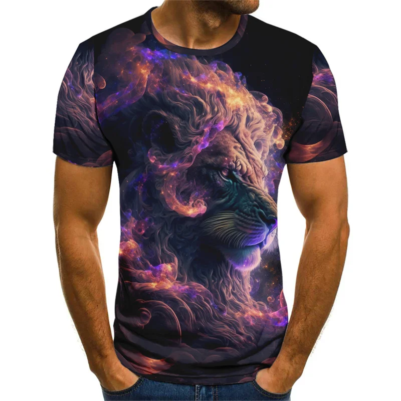 Abstract 3d Lion Pattern Men's Street T-Shirts Short Sleeve Animal Printed Tie-dye Male Tee O-Neck Casual Loose Overszied Tops