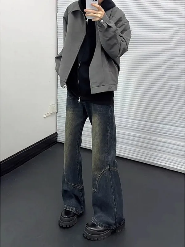 

Vintage Blue Knife Men's Jeans Autumn Winter Wear Resistant Straight Leg Trousers American Sle Splicing Micro Flare
