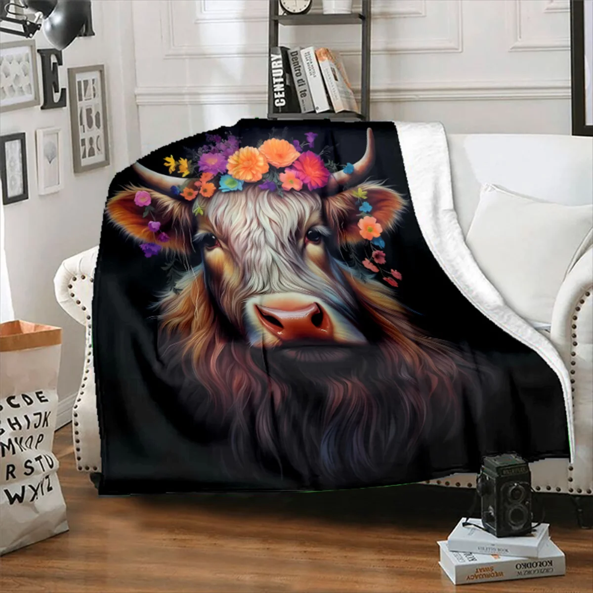 بطانية من الفلانيل بنمط زهور البقرة المرتفعات الكرتونية - ناعمة ودافئة، مثالية للديكور المنزلي أو الفراش أو التخييم أو السفر أو عيد الميلاد #4