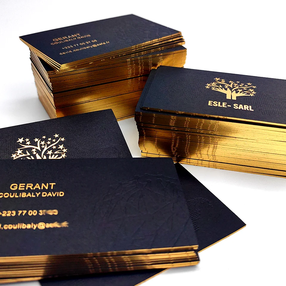 Custom Black Business Card Gold Edge Debossed LOGO Hot Stamping Art Paper Free Design Brand Name Card