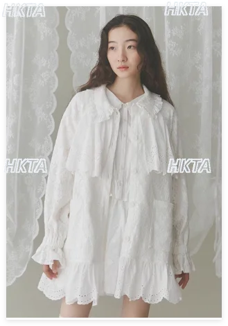 Vestido de manga larga con volantes y encaje bordado japonés para mujer, novedad de otoño, vestido camisero holgado de talla grande con cuello con volantes