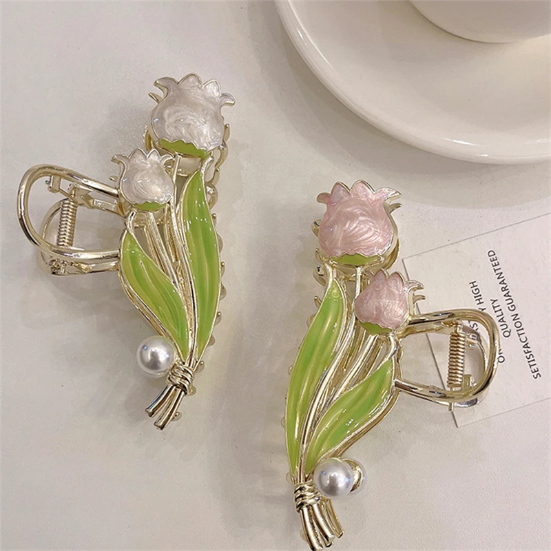 2022 Fashion Lily of The Valley Flower Tulip Metal Pearl Hairpin Girl Shape Ponytail Hair Claw Decoration Shark Clip Headgear