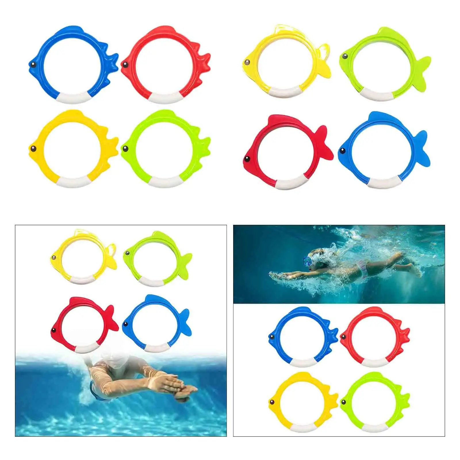 4x Diving Fish Ring Toys, Swimming Pool Toys Colorful Training Equipment