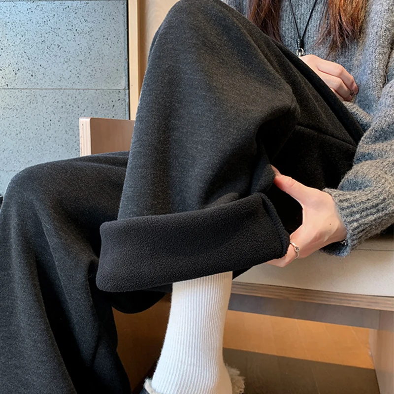 Pantaloni a gamba larga dritti a vita alta Donna Autunno Inverno Addensare Peluche Pantaloni caldi in peluche Donna Pantaloni casual larghi con lacci Donna