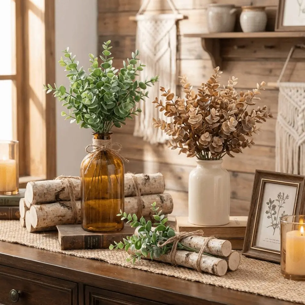 

Plastic Artificial Eucalyptus Bouquet UV Resistant Lifelike Simulation Green Plants Realistic Handmade Faux Flower Bouquet