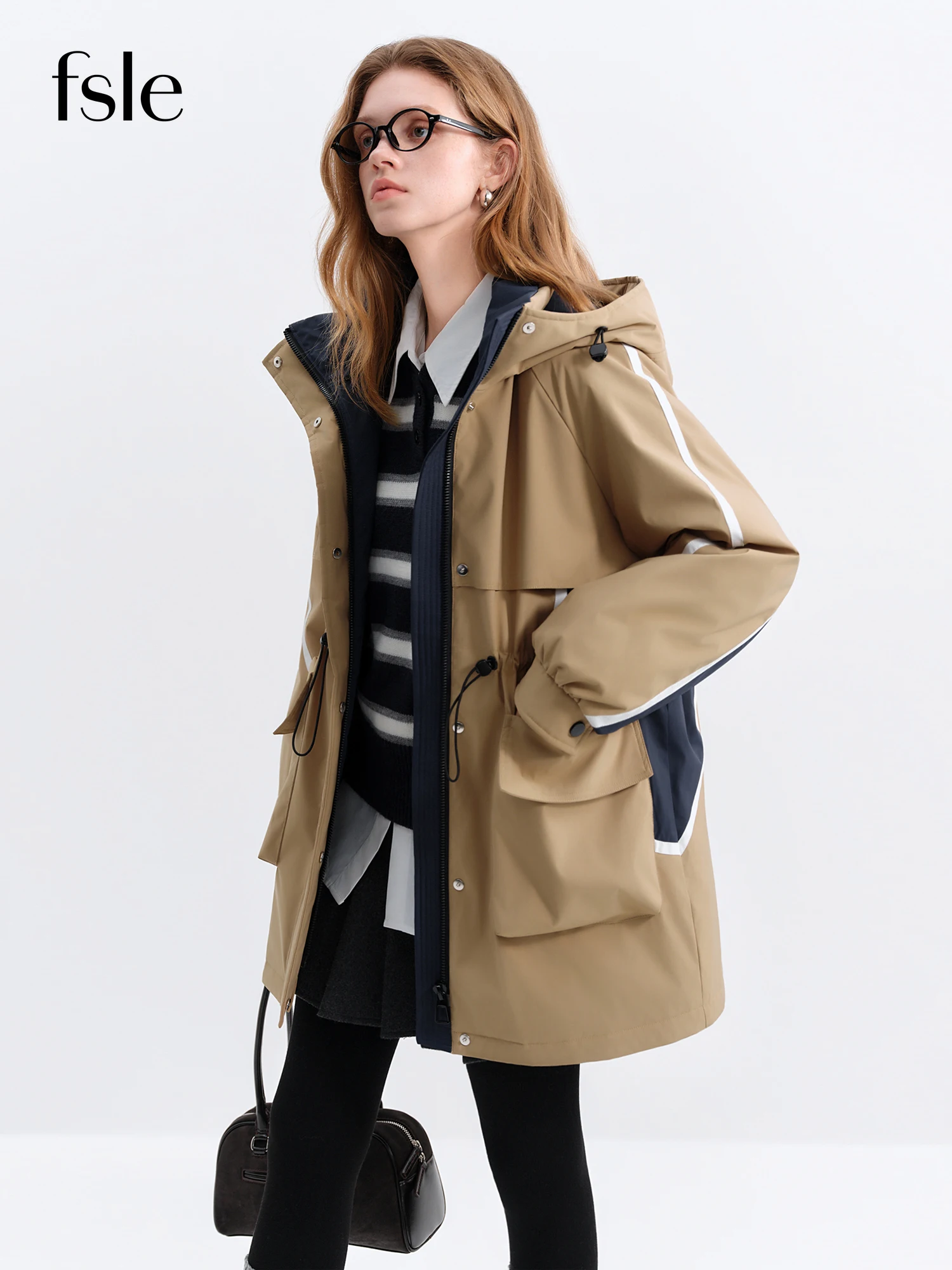 FSLE 2025 Autumn Winter Women's Stand Collar Hooded Color Block Puffer Coat Retro Belted Waist Down Jacket Vintage Parka Coats