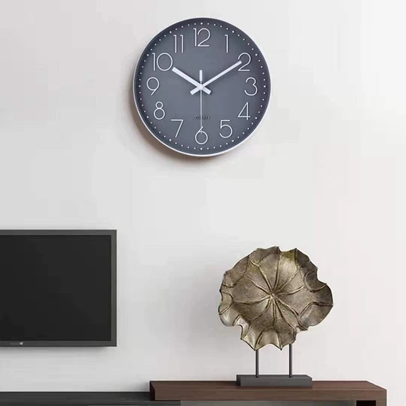 14 Inch Non-Ticking Wall Clock Silent Battery Operated Round Wall Clock Modern Simple Style Decor Clock (Gray)