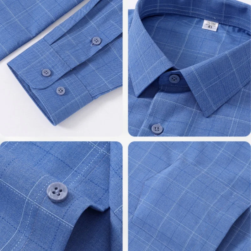 Bamboo Fiber 7XL 8XL Classic Plaid Stripe Easy Care Men Shirt Long Sleeve Casual Formal Business Slim Fit Shirt Long Sleeve Men