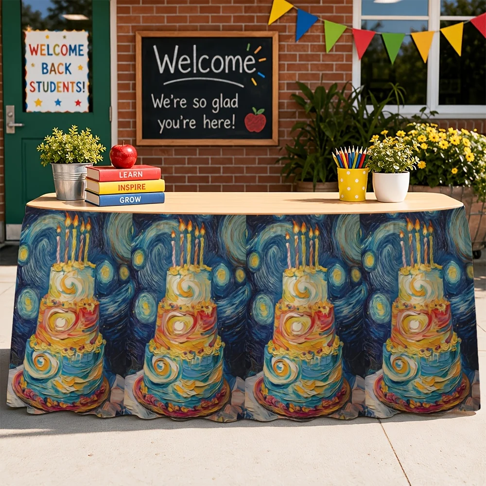 2D flat 1-piece table skirt, starry night and cake print, school season, autumn harvest, Halloween, Christmas