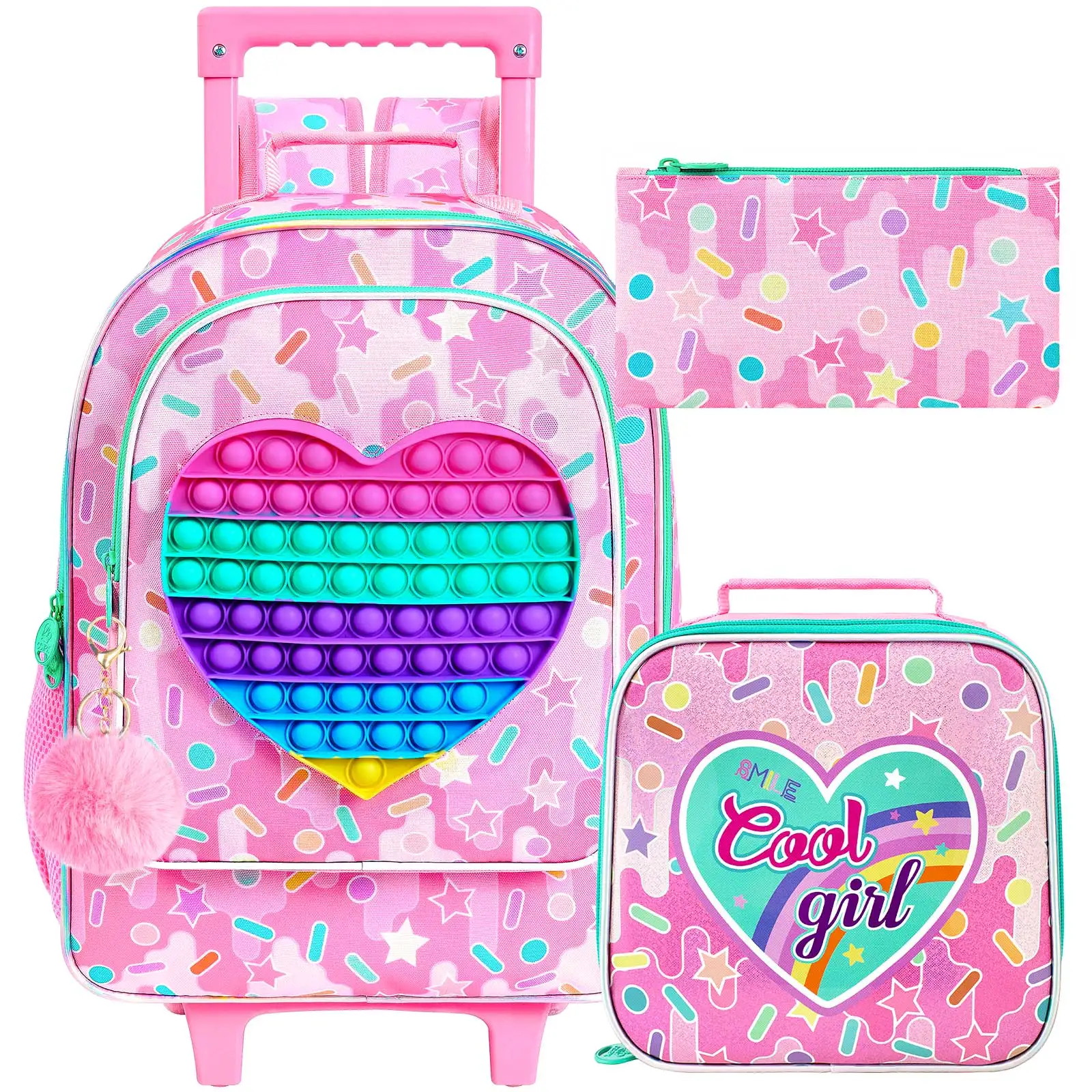 

3pcs Love wheel sliding backpack, suitable for 3 years and older school and holiday travel, with pen bag, cute gifts