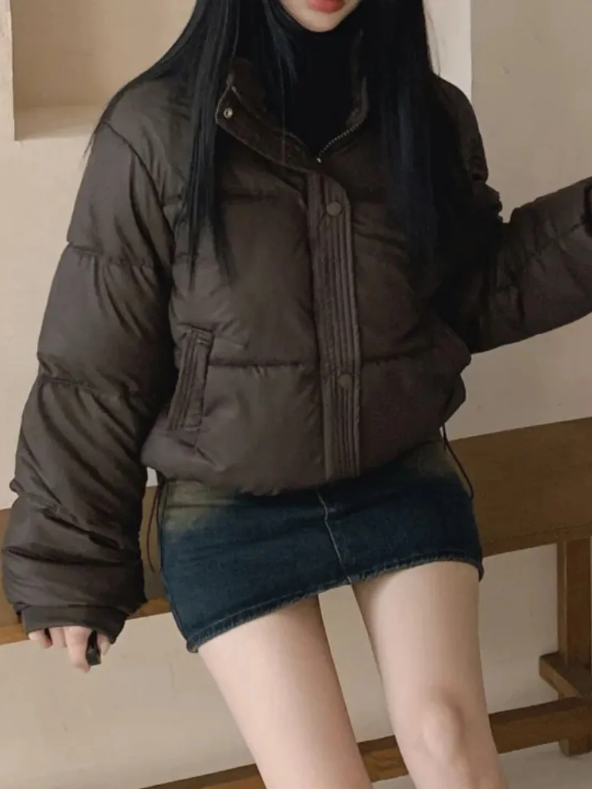 Korean Sle Short PU Leather Jacket Women's Winter Stand Collar Bread Vintage Small Size Warm Long Sleeve Cotton Top