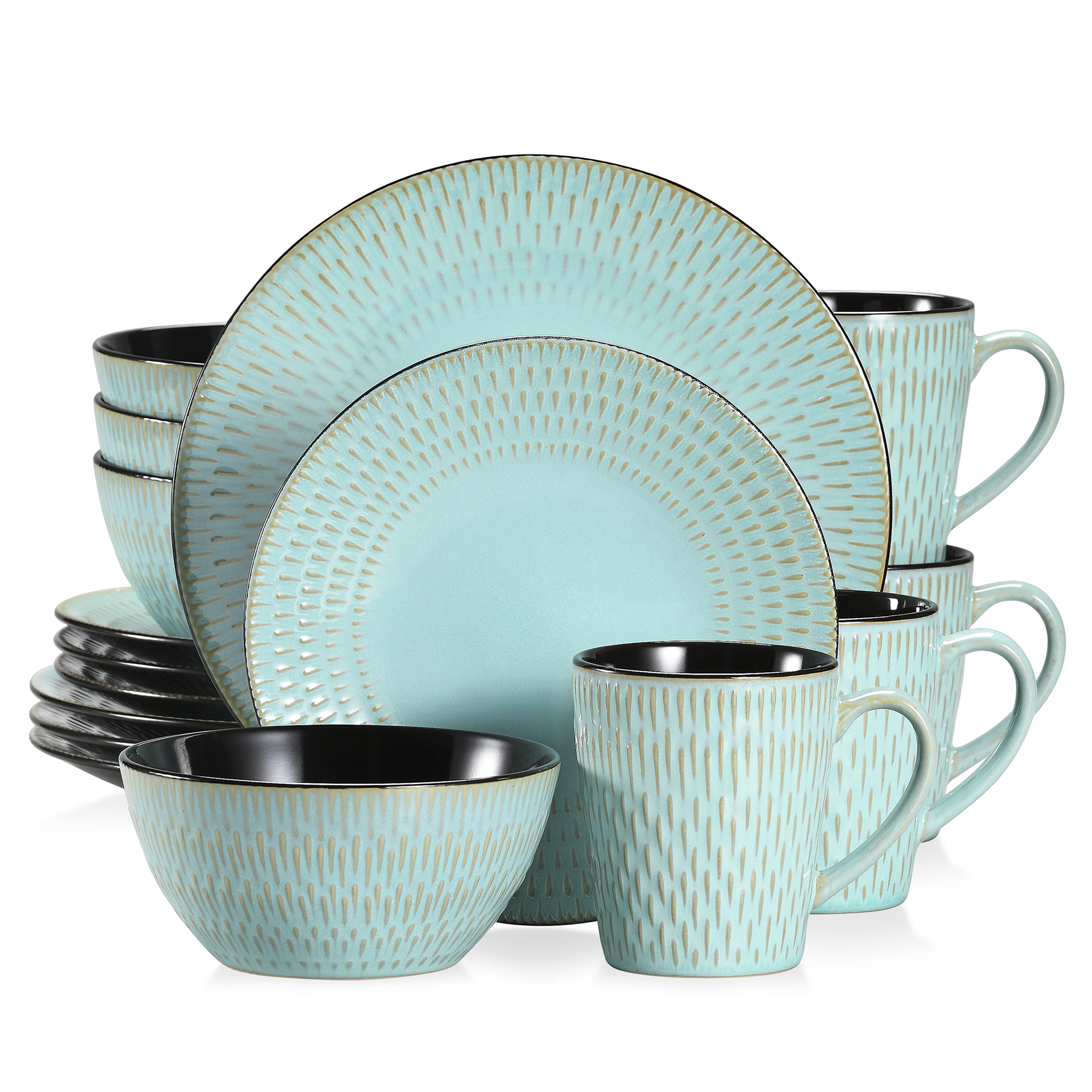 VANCASSO PLUVO 16/32/48 Piece Green Embossed Stoneware Tableware Set with Dinner/Dessert Plate/Soup Bowl/Mug Service for 4/8/12