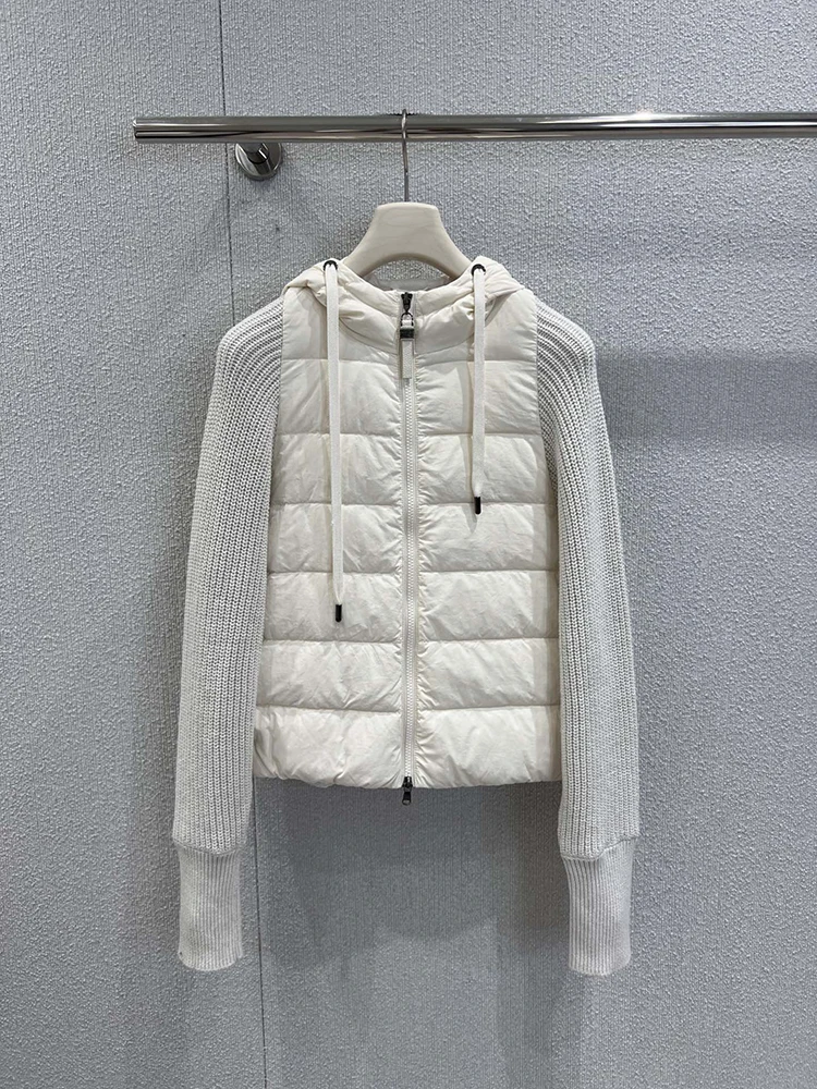 سترة شتوية عصرية بيضاء كاجوال يومية للنساء برباط مع ياقة قبعة وسحاب فضفاض وأكمام طويلة