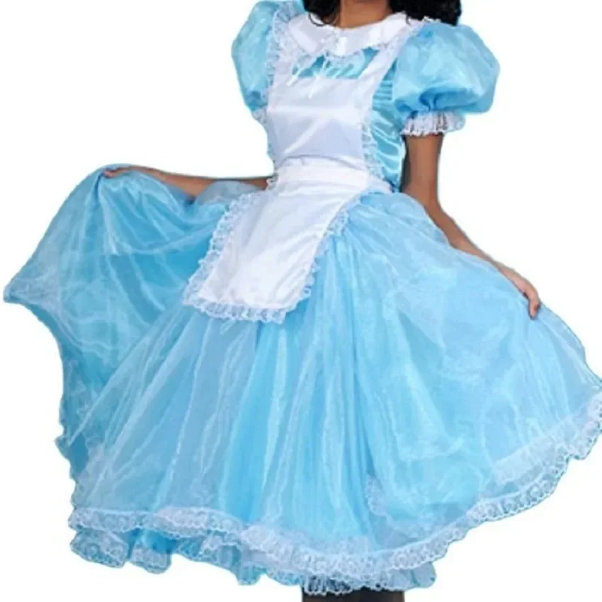 

Hot Sale Long Sissy Organza Blue Independent Apron Doll Collar Cute Long Dress Maid Outfit Customized Charm Halloween Costume