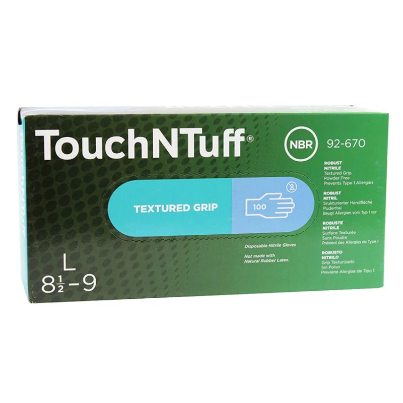 Ansell TouchNTuff 92-670 ニトリル製軽量手袋、袖口ビーズ付き、耐薬品性/耐飛沫性、パウダーフリー、保護手袋