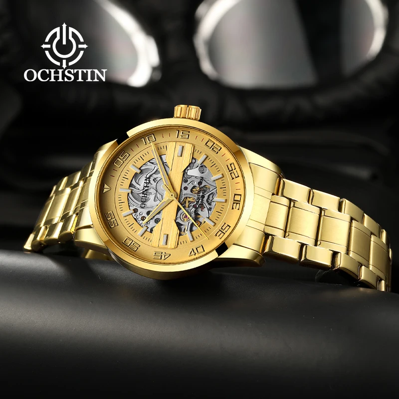 OCHSTIN Male Master Series Hollow Skeleton Mechanical Watch Comfortable Genuine Leather Strap Waterproof Business‑Casual Wrist
