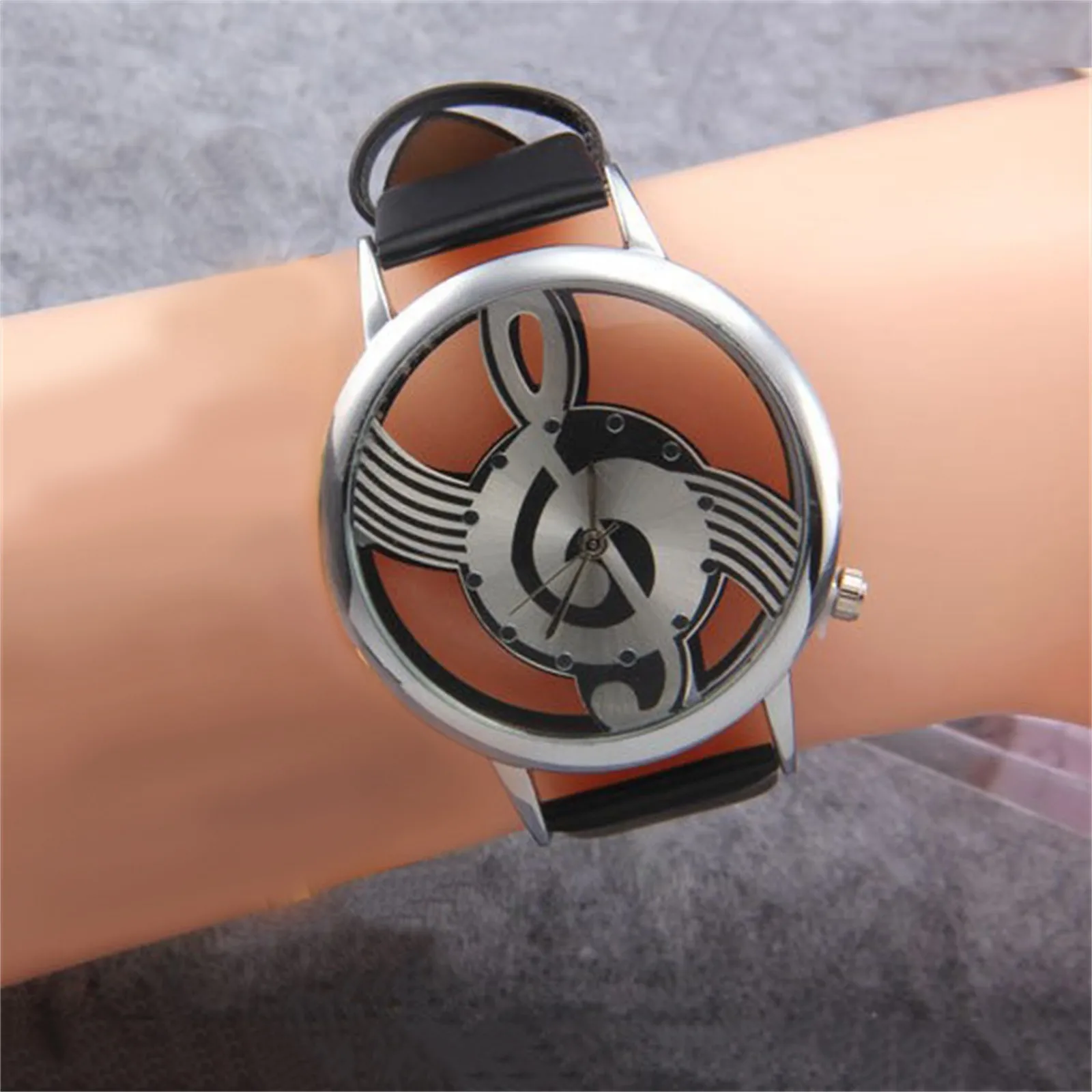 Hollow Out Dial Leather Strap Quartz Watch Clothing Accessories Music Score Casual And Business No Waterproof Ladies Watch