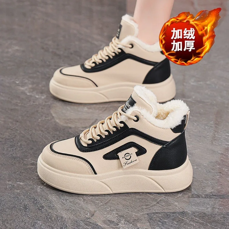 

New 2025 winter warm fleece boots women's casual high top sneakers female thick soled enhance sport shoes