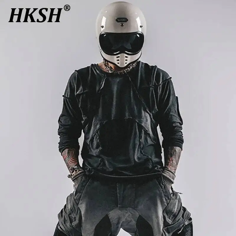 

HKSH Spring Summer New Men Tide Punk Techwear Waste Land Irregular Spliced Vintage Dirty Washed Cotton Women Chic T-shirt HK4678