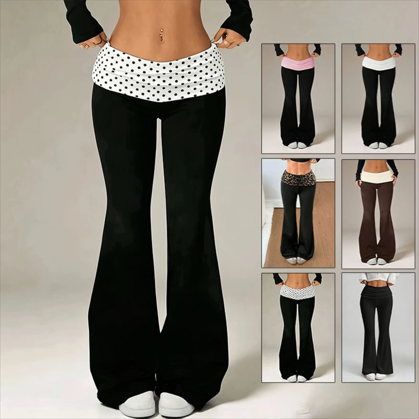 Image of Damen Y2K Polka Dot Hose mit hochgekrempelter Taille, schmal geschnittene, dehnbare Schlaghose, lässige Streetwear-Hose für Damen