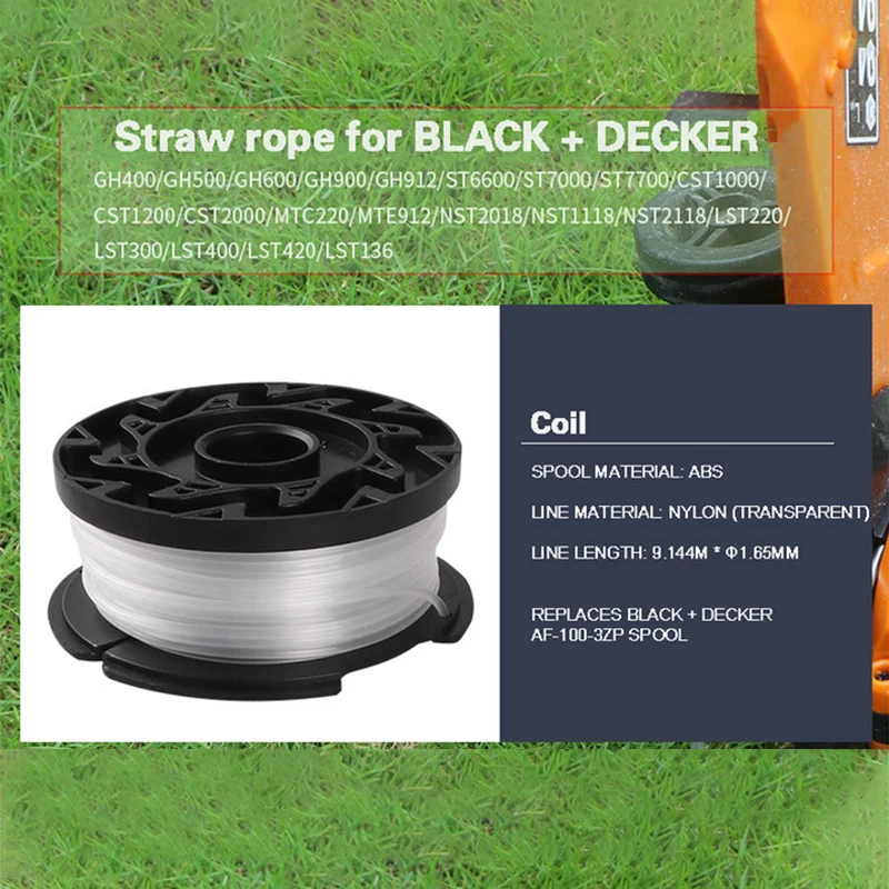 LUSQI 6pcs/Set Trimmer Spool Line 30ft 0.065”AF-100-3ZP Lawn Mower Replacement Spool Scap Fit Black & Decker Brush Cutter Weed