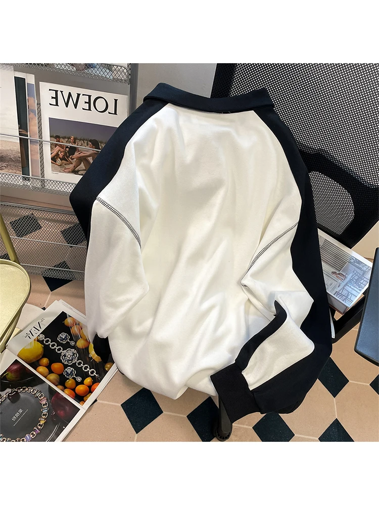 Women Hip Hop Black White Patchwork Fashion Tops Autumn Korean Retro College Style Half Zipper Polo Shirt Large Sweatshirt