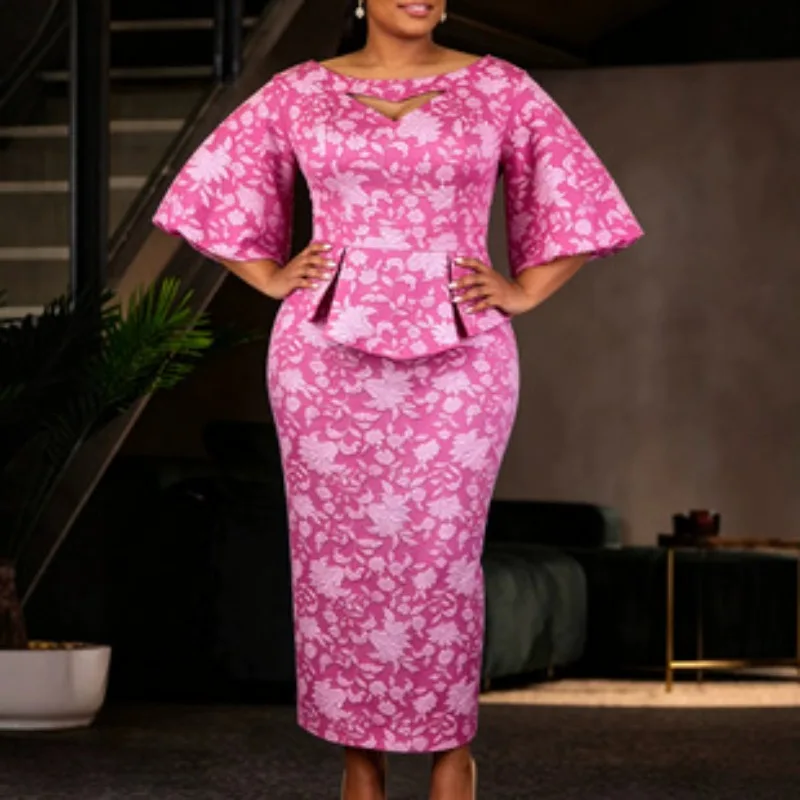 Vestido de mujer con diseño jacquard, corte que realza la figura, escote barco, mangas ligeramente abullonadas, falda con volantes, ideal para bodas, iglesias, fiestas de noche y eventos formales.