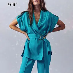 VGH Solid Chic Two Piece Sets For Women Lapel Short Sleeve Spliced Belt Shirt High Waist Straight Pants Casual Set Female New