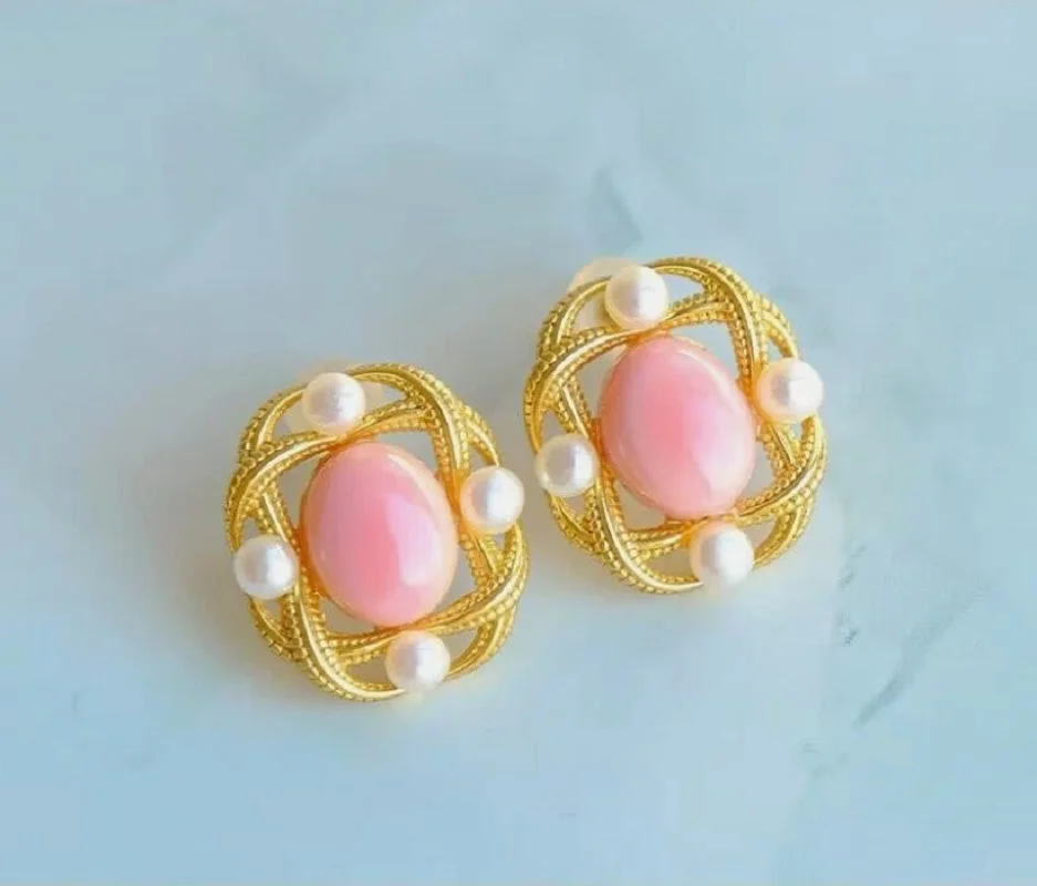 charming natural pink conch white pearl earring 925s