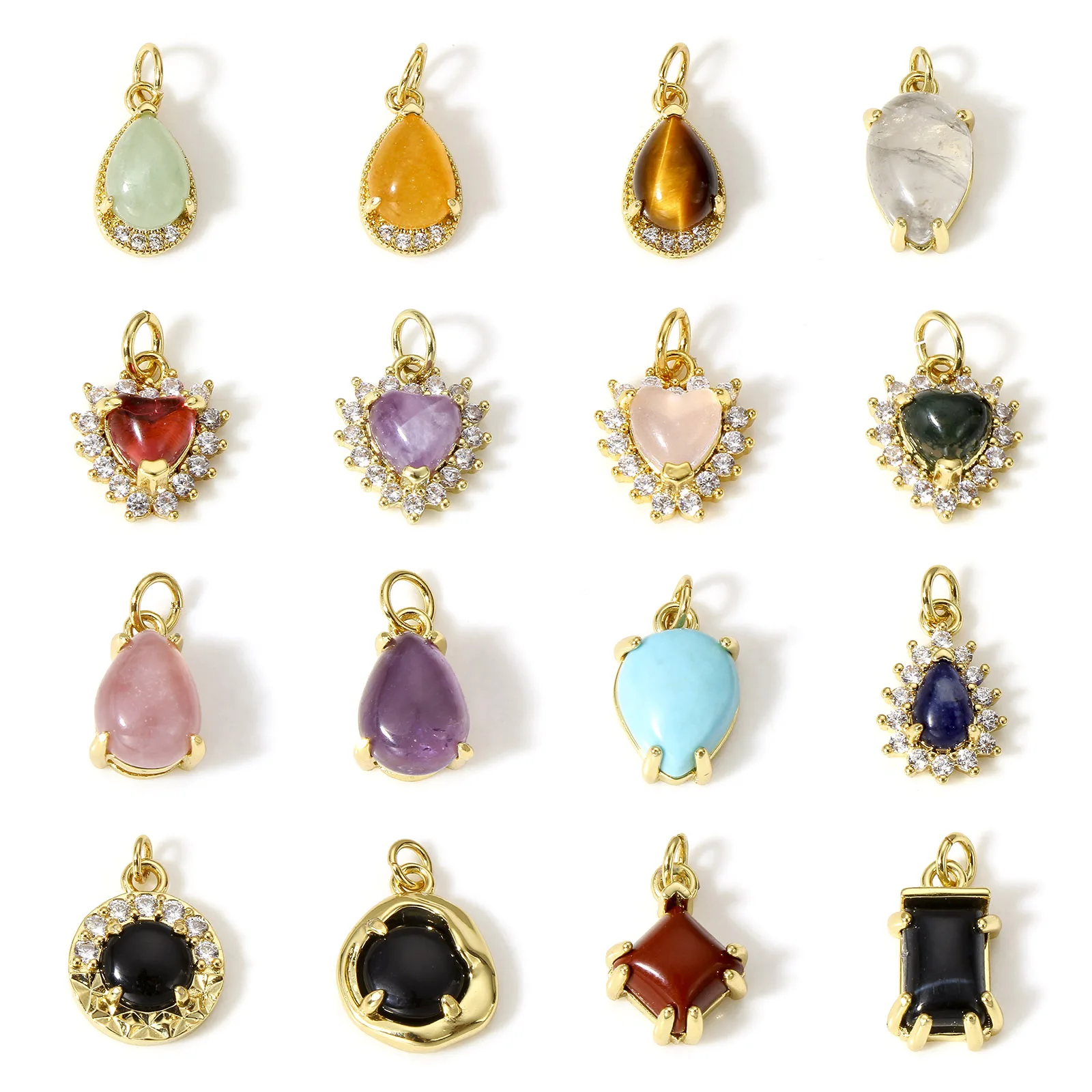 1pc Bohemian Style Copper Charms Gold Color Imitation Gemstones Heart Multicolor Pendant DIY Necklace Women Jewelry Findings
