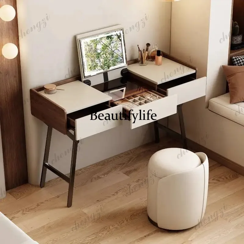 Luxury Mirror Makeup Table Stool Light Modern Wood Lounges Dressing Table Cabinet Seat Fluted Tocador Maquillaje Dressers