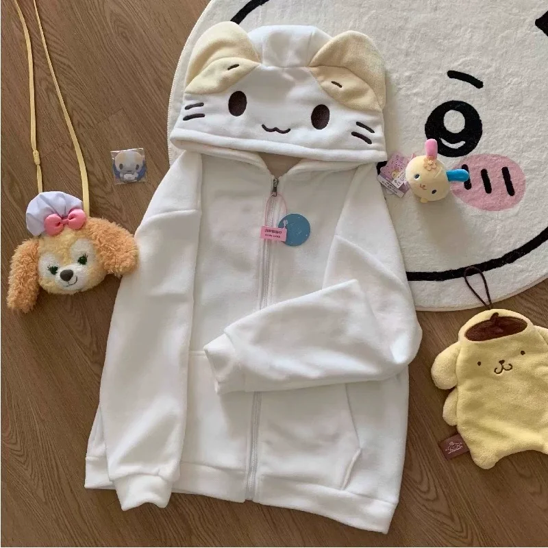 

Japanese Kawaii Zip Up Sweatshirt Women Sweet Cute Cat Ear Hat Long Sleeve Loose Jacket for Girls Cute Soft Girl Fall Outfit New