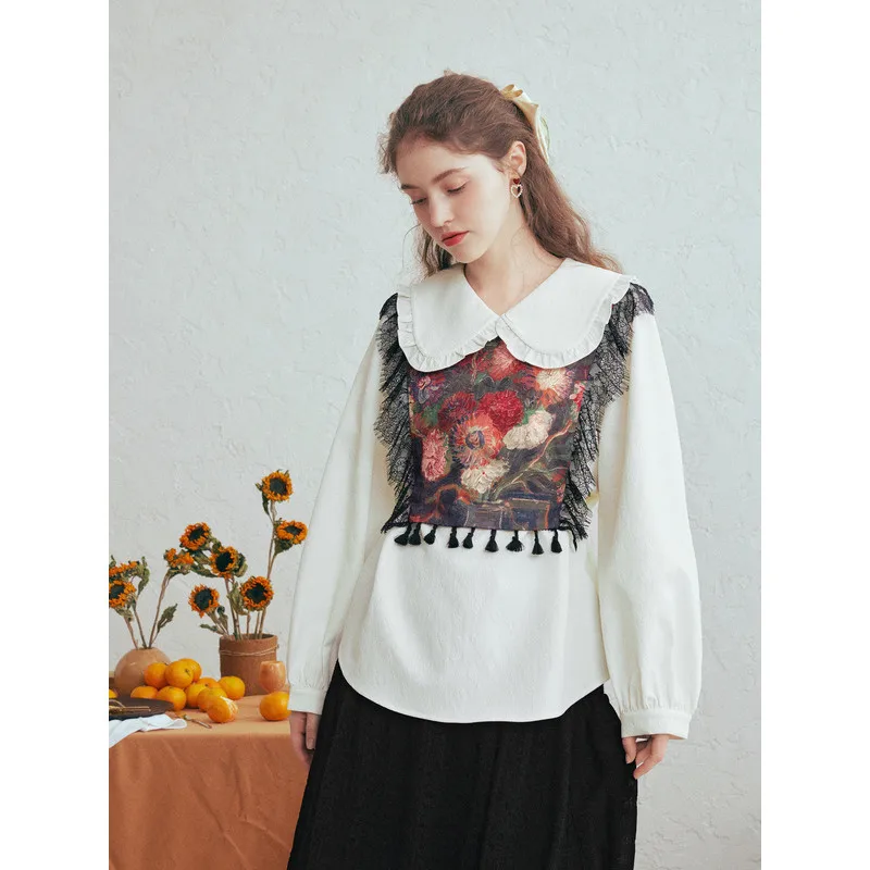

Van Gogh-Inspired Cloud & Tassel Print Patchwork Tie-Up Faux Two-Piece Shirt