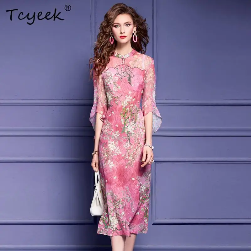 Tcyeek 100%Real Silk Elegant Dresses For Women, New Chinese Style, Flower Printed Vintage Gentle Dress, 2024 Summer D42134QC