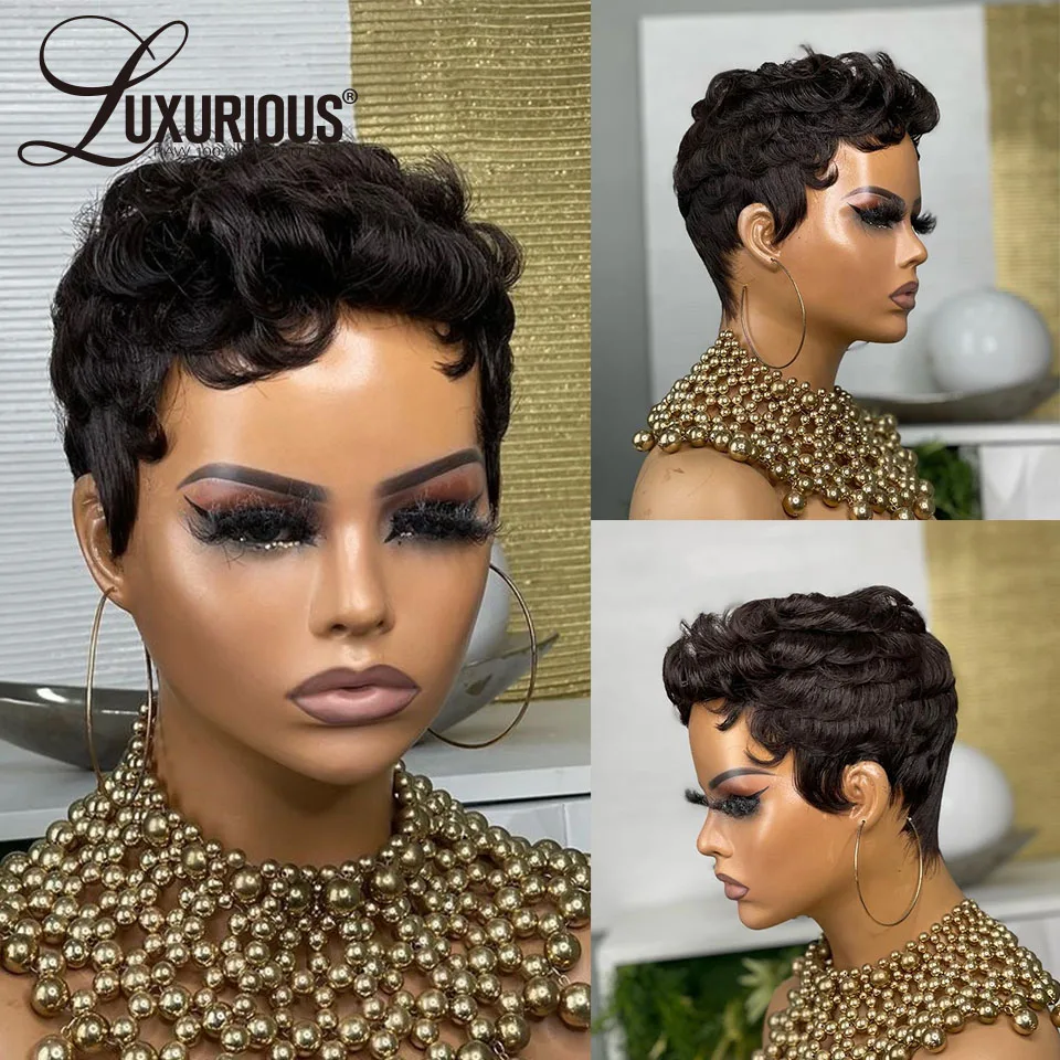 Pelucas de cabello humano sin pegamento para mujer negra, pelo ondulado al agua, Borgoña oscuro, hecho a máquina, corte Bob Pixie, liquidación, a la venta