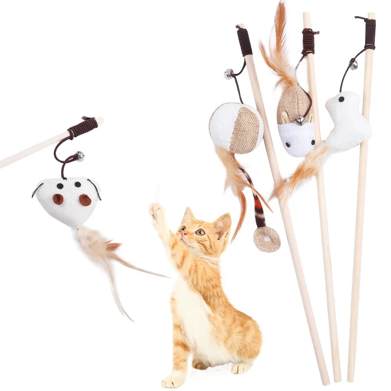 1PC Teaser Feather Toys Kitten Funny Colorful Rod Cat Wand Toys Wood Pet Cat Toys Interactive Stick Pet Cat Supplies